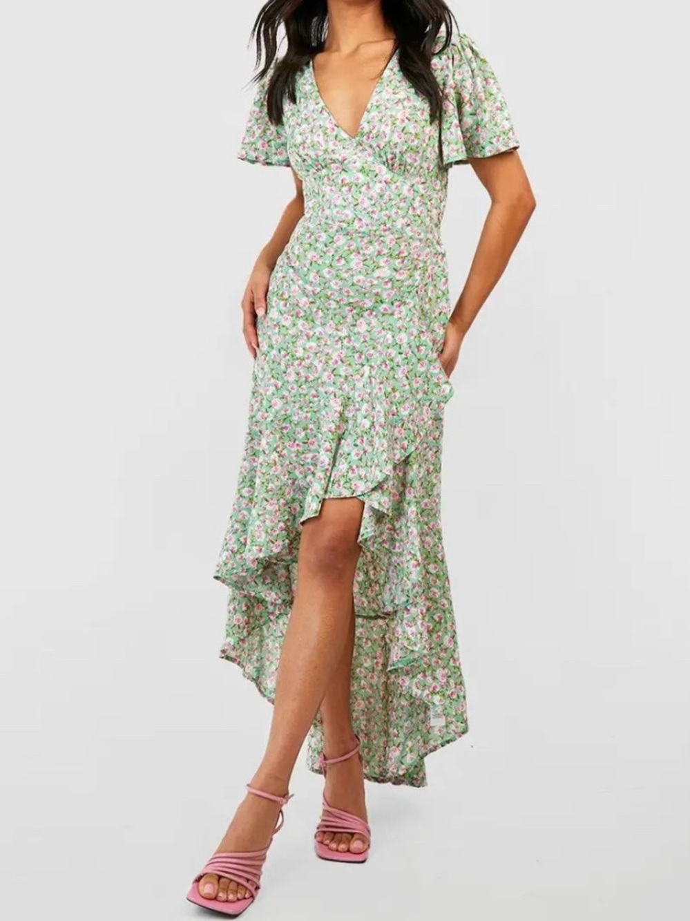 Green Floral Wrap Midi Dress With Ruffle Hem